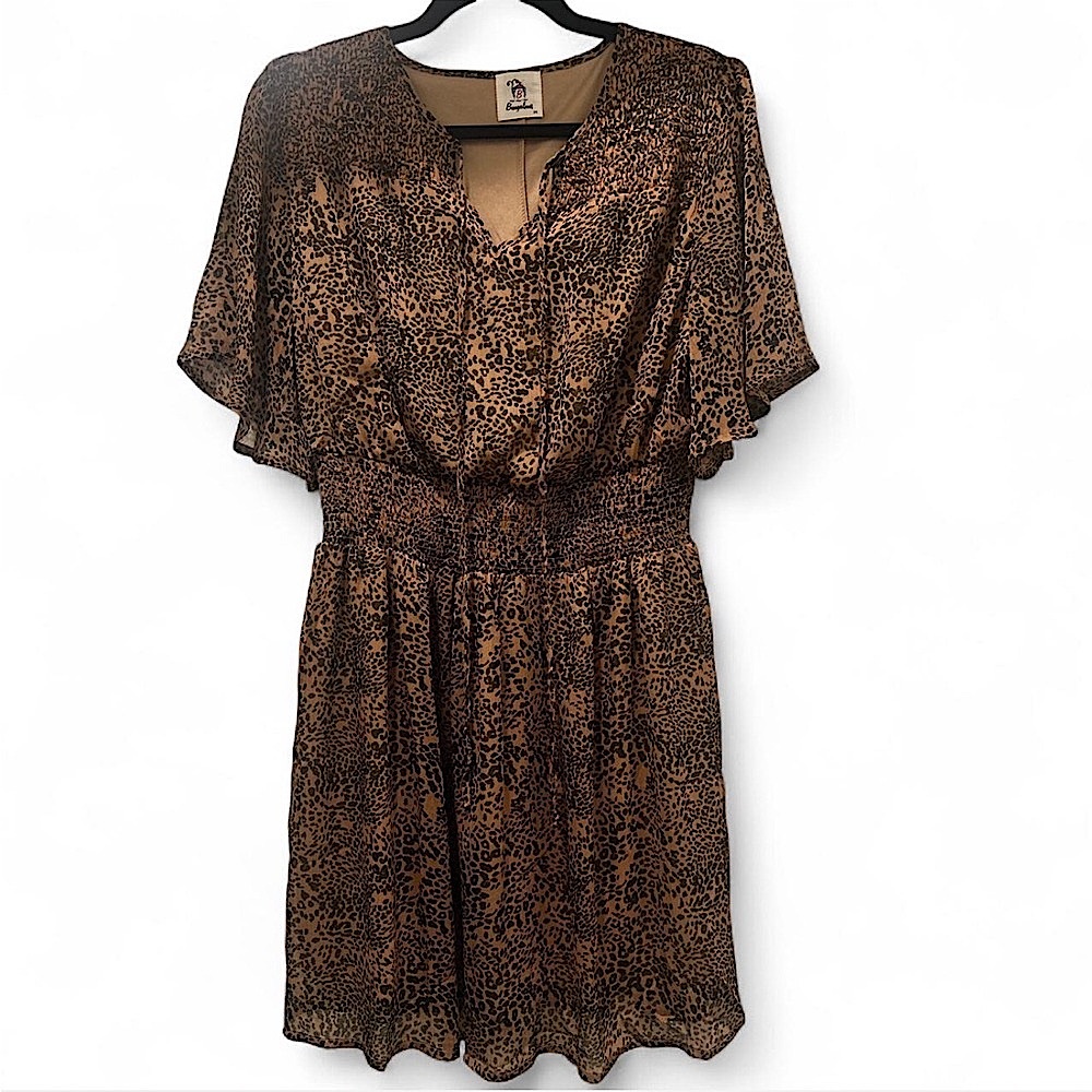 Brown Gold Midi Sundress with Flutter Sleeves